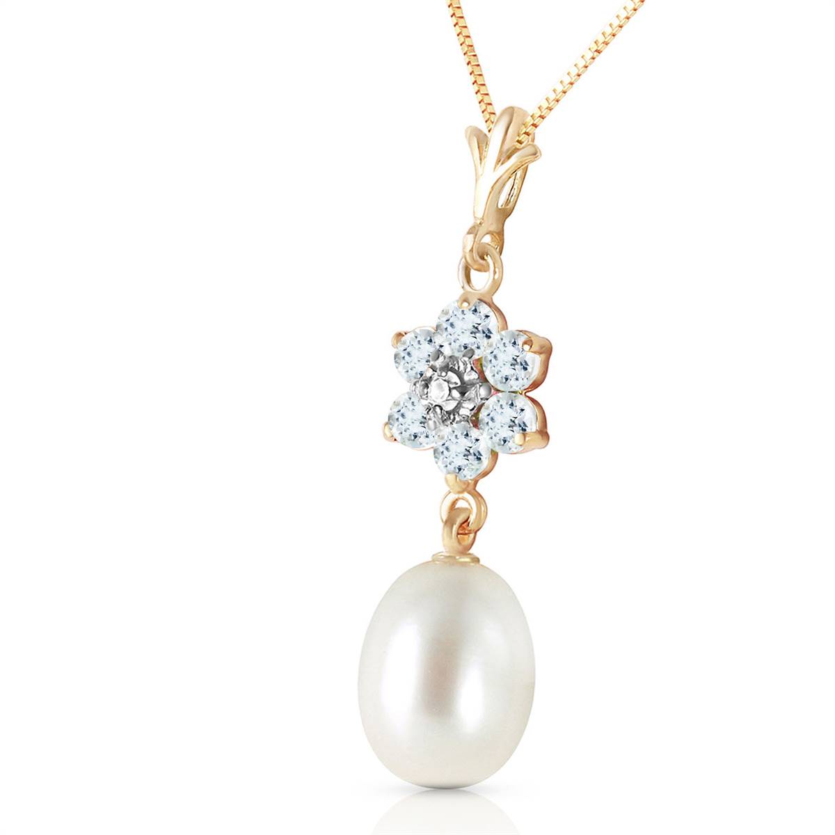 4.53 Carat 14K Solid Yellow Gold Necklace Natural Pearl, Aquamarine Diamond