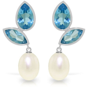 16 Carat 14K Solid White Gold Chandelier Earrings Pearl Blue Topaz