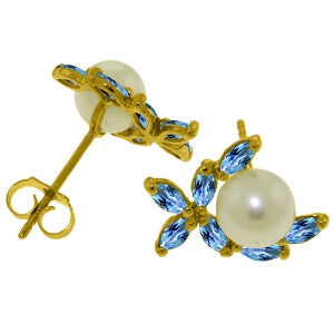 3.25 Carat 14K Solid Yellow Gold Stud Earrings Blue Topaz Pearl