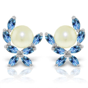 3.25 Carat 14K Solid White Gold Stud Earrings Blue Topaz Pearl