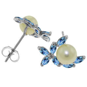 3.25 Carat 14K Solid White Gold Stud Earrings Blue Topaz Pearl