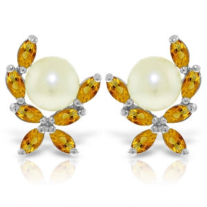 3.25 Carat 14K Solid White Gold Stud Earrings Natural Citrine Pearl