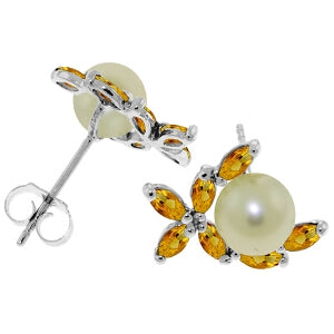 3.25 Carat 14K Solid White Gold Stud Earrings Natural Citrine Pearl