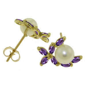3.25 Carat 14K Solid Yellow Gold Stud Earrings Natural Amethyst Pearl