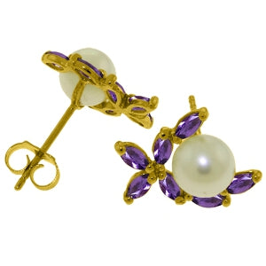 3.25 Carat 14K Solid Yellow Gold Stud Earrings Natural Amethyst Pearl