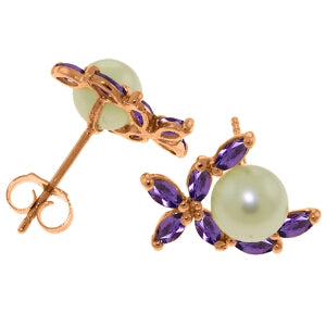 14K Solid Rose Gold Stud Earrings w/ Natural Amethyst & Pearls