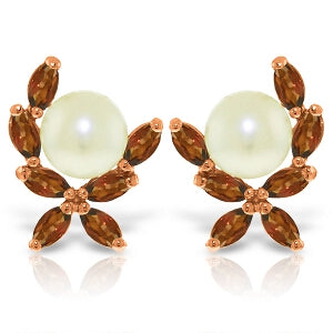 14K Solid Rose Gold Stud Earrings w/ Natural Garnets & Pearls