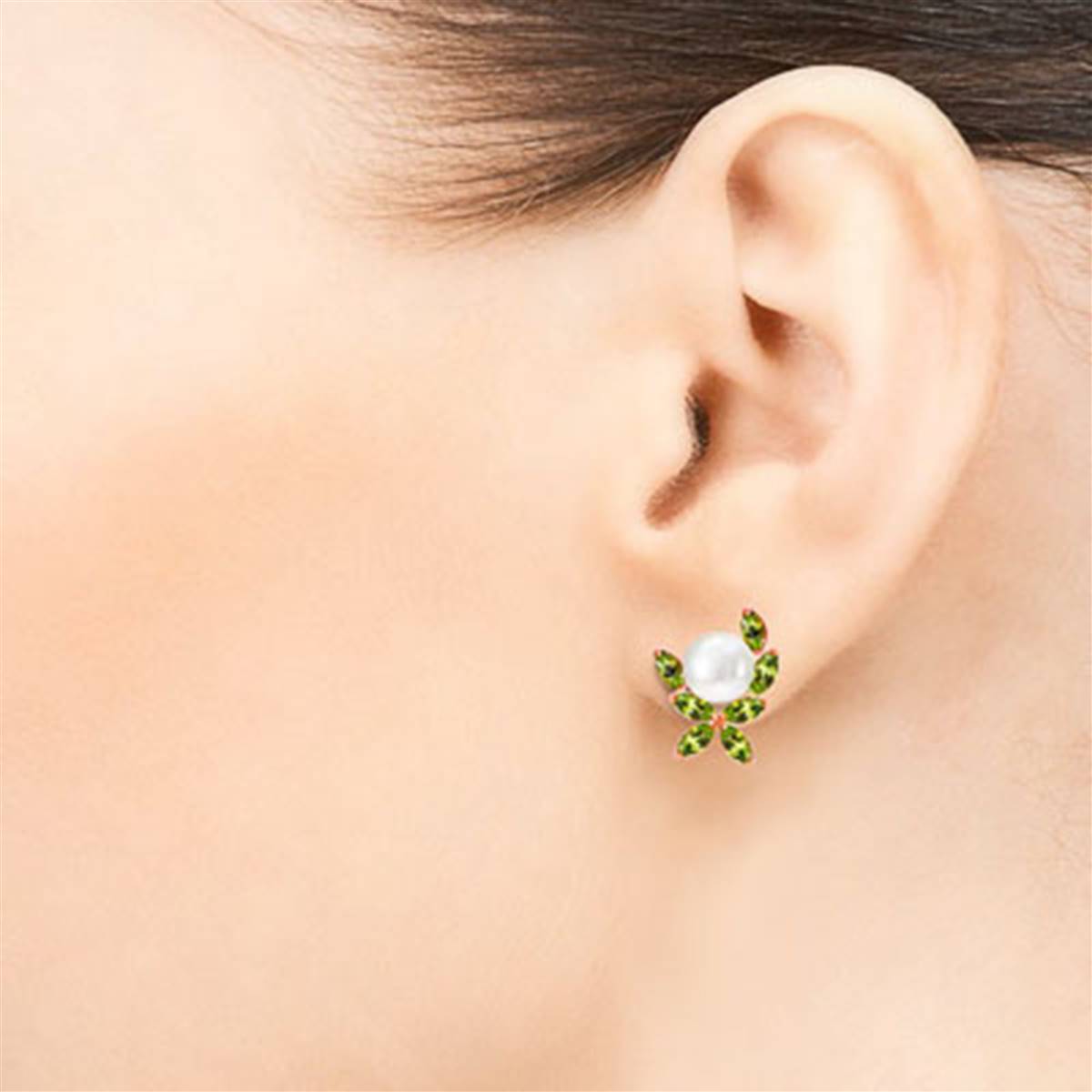 14K Solid Rose Gold Stud Earrings w/ Natural Peridots & Pearls