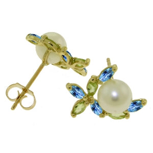 3.25 Carat 14K Solid Yellow Gold Stud Earrings Peridot, Blue Topaz Pearl