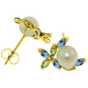 3.25 Carat 14K Solid Yellow Gold Stud Earrings Peridot, Blue Topaz Pearl