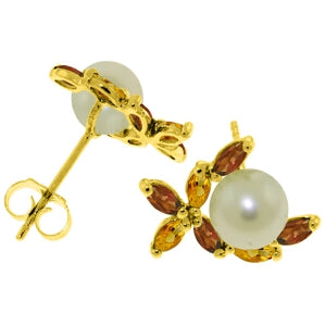 3.25 Carat 14K Solid Yellow Gold Stud Earrings Garnet, Citrine Pearl