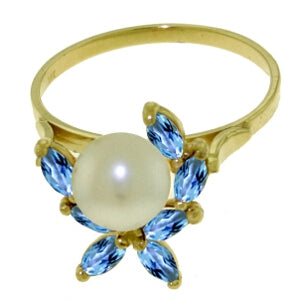2.65 Carat 14K Solid Yellow Gold Ring Natural Blue Topaz Pearl