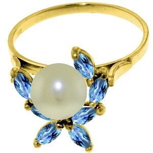 2.65 Carat 14K Solid Yellow Gold Ring Natural Blue Topaz Pearl