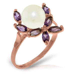 14K Solid Rose Gold Ring w/ Natural Amethysts & Pearl