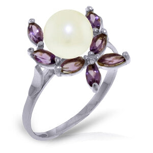2.65 Carat 14K Solid White Gold Ring Natural Amethyst Pearl