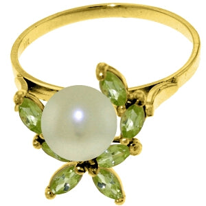 2.65 Carat 14K Solid Yellow Gold Ring Natural Peridot Pearl