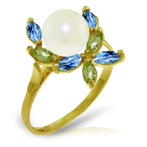 2.63 Carat 14K Solid Yellow Gold Ring Natural Peridot, Blue Topaz Pearl