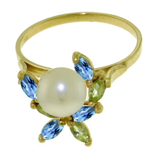 2.63 Carat 14K Solid Yellow Gold Ring Natural Peridot, Blue Topaz Pearl