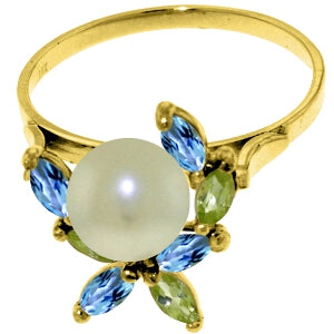 2.63 Carat 14K Solid Yellow Gold Ring Natural Peridot, Blue Topaz Pearl