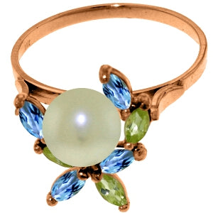 14K Solid Rose Gold Ring w/ Natural Peridots, Blue Topaz & Pearl