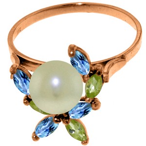 14K Solid Rose Gold Ring w/ Natural Peridots, Blue Topaz & Pearl