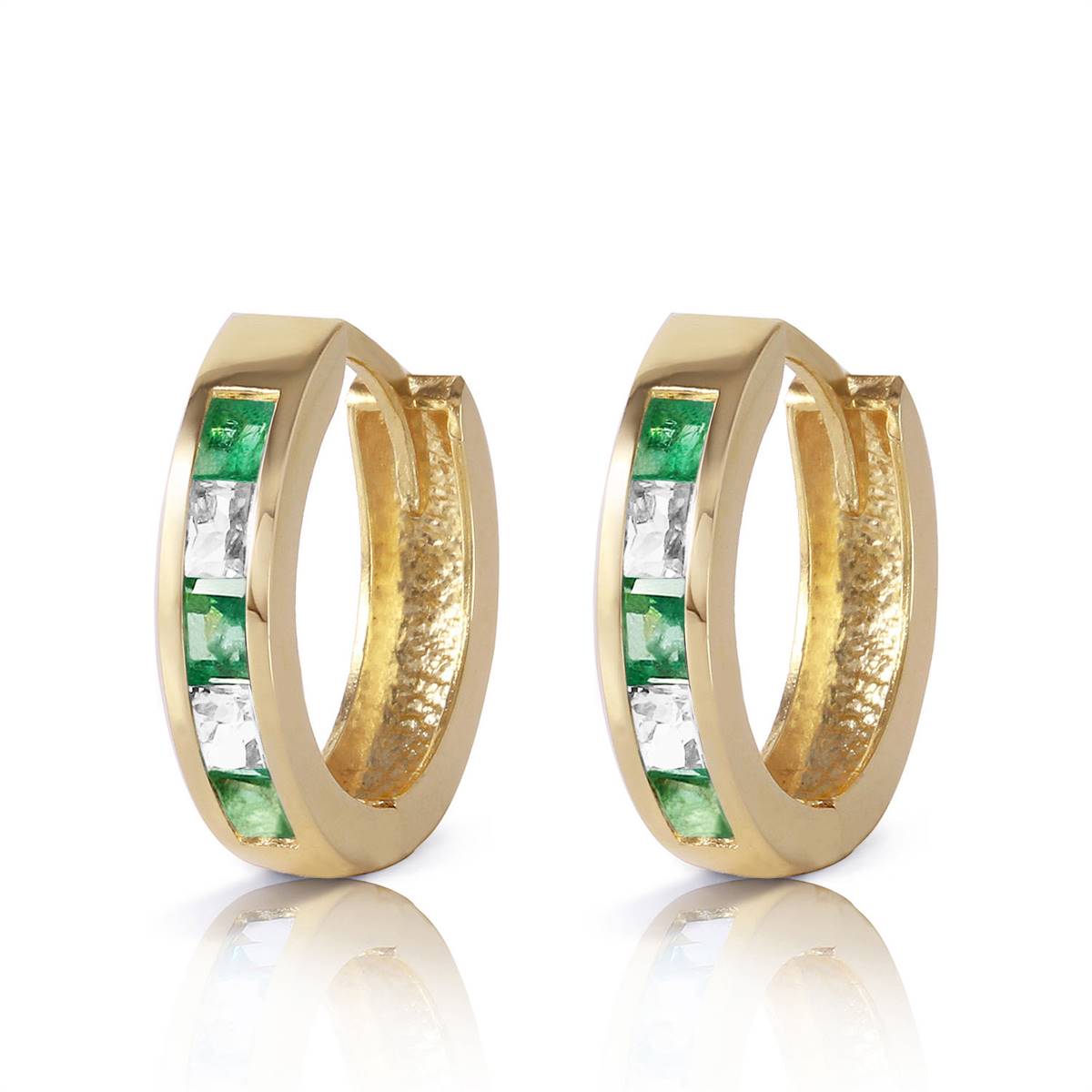 1.26 Carat 14K Solid Yellow Gold Hoop Earrings Natural Emerald White Topaz