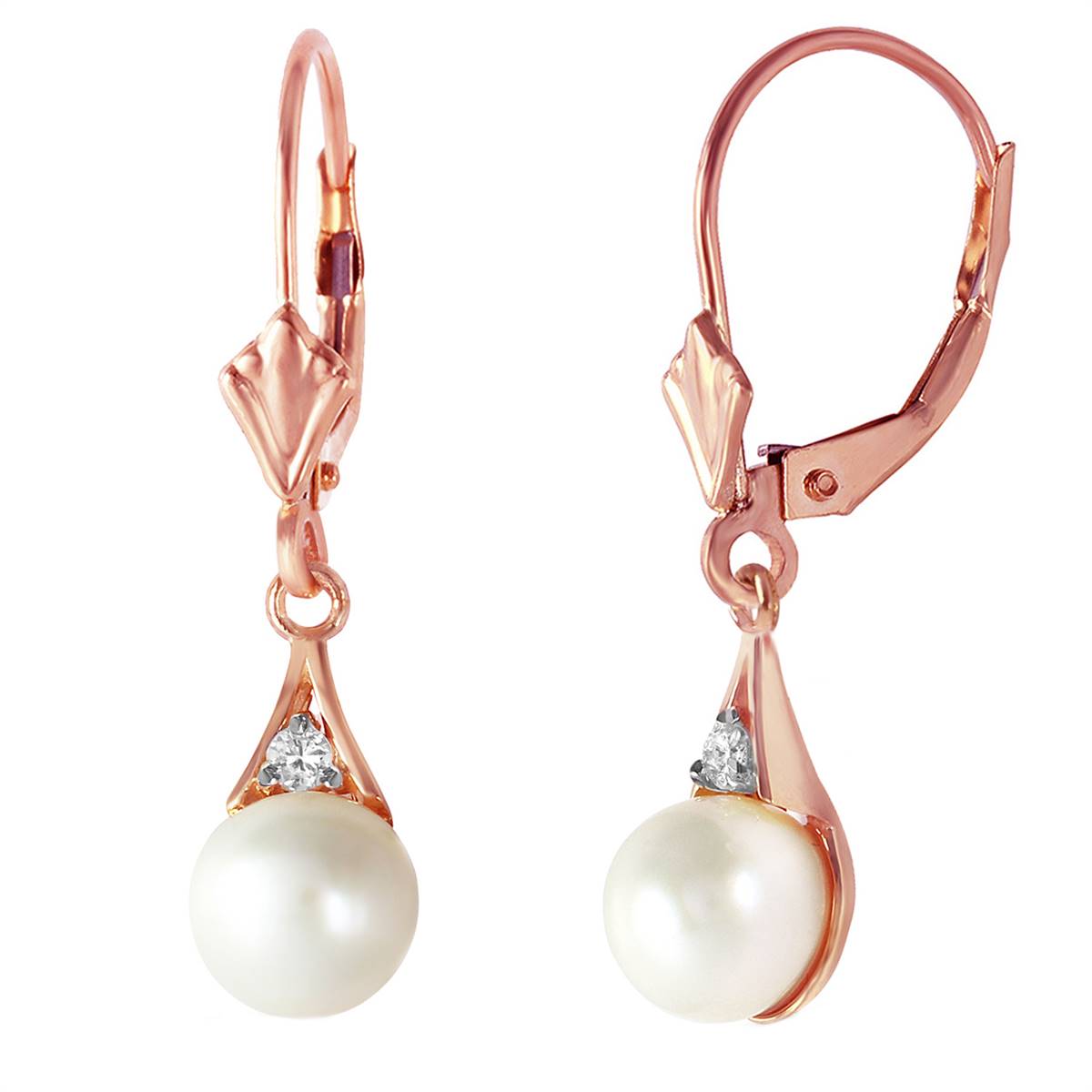 14K Solid Rose Gold Leverback Earrings Natural Diamond & Pearl Certified