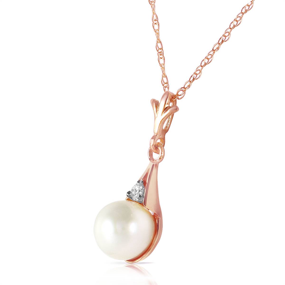14K Solid Rose Gold Necklace w/ Diamond & Pearl