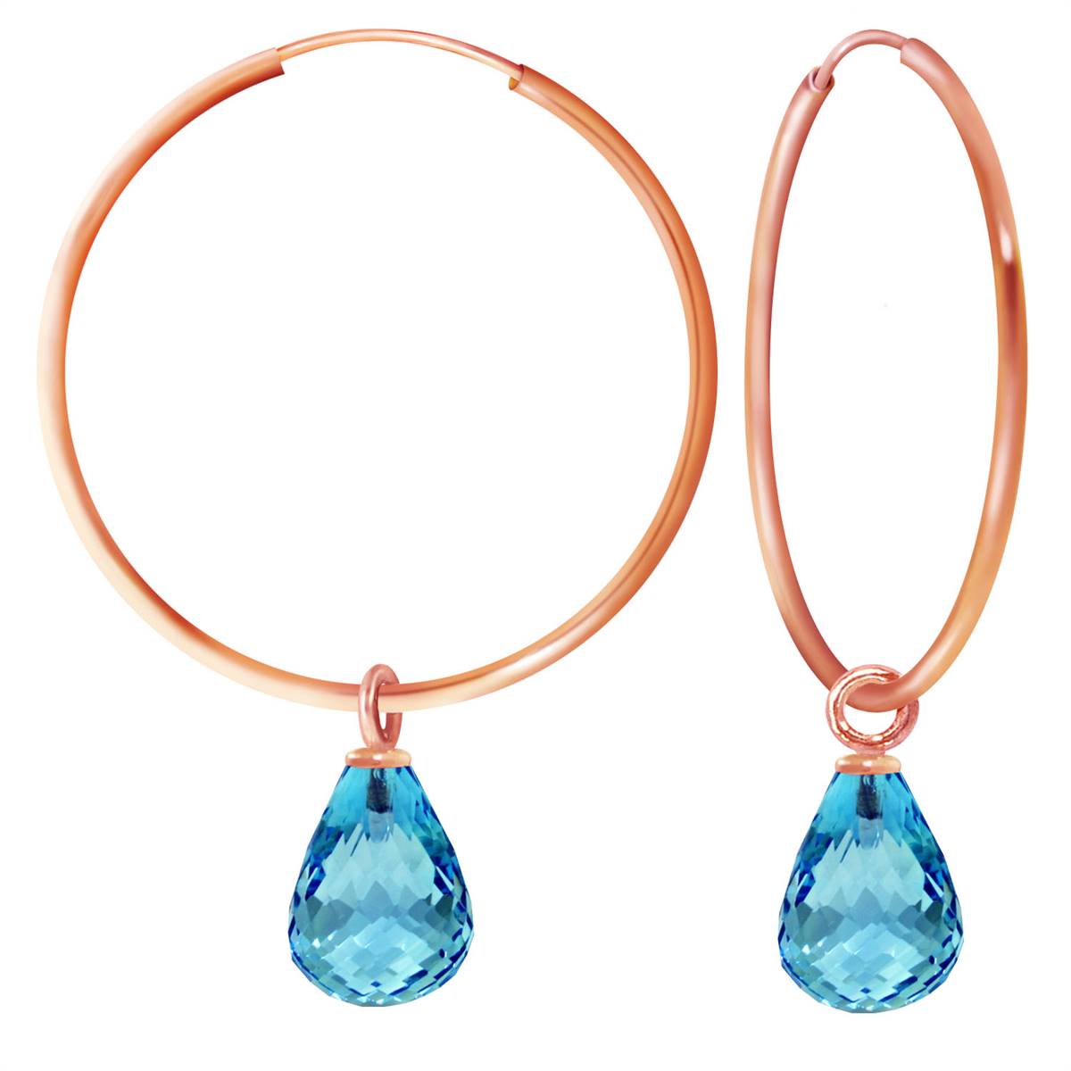 14K Solid Rose Gold Hoop Natural Blue Topaz Earrings Gemstone