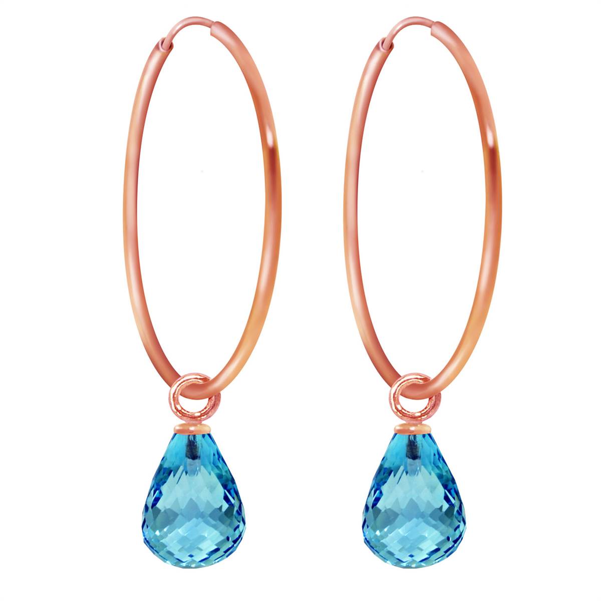 14K Solid Rose Gold Hoop Natural Blue Topaz Earrings Gemstone