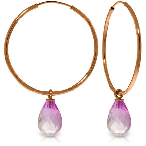 14K Solid Rose Gold Hoop Earrings w/ Natural Pink Topaz