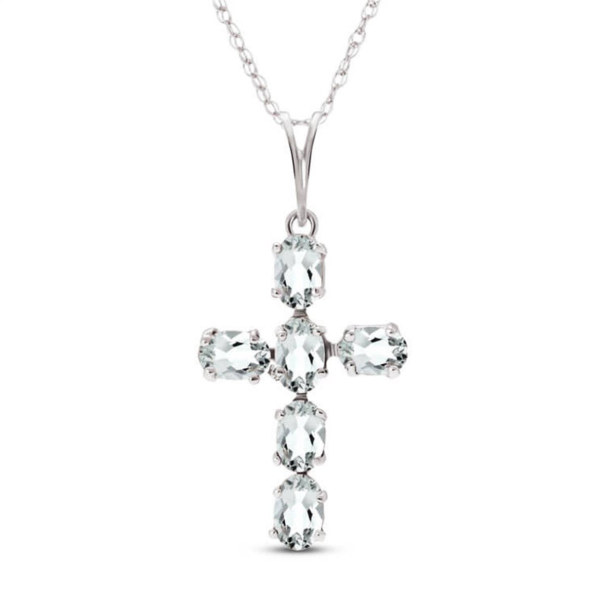 1.5 Carat 14K Solid White Gold Cross Necklace Natural Aquamarine