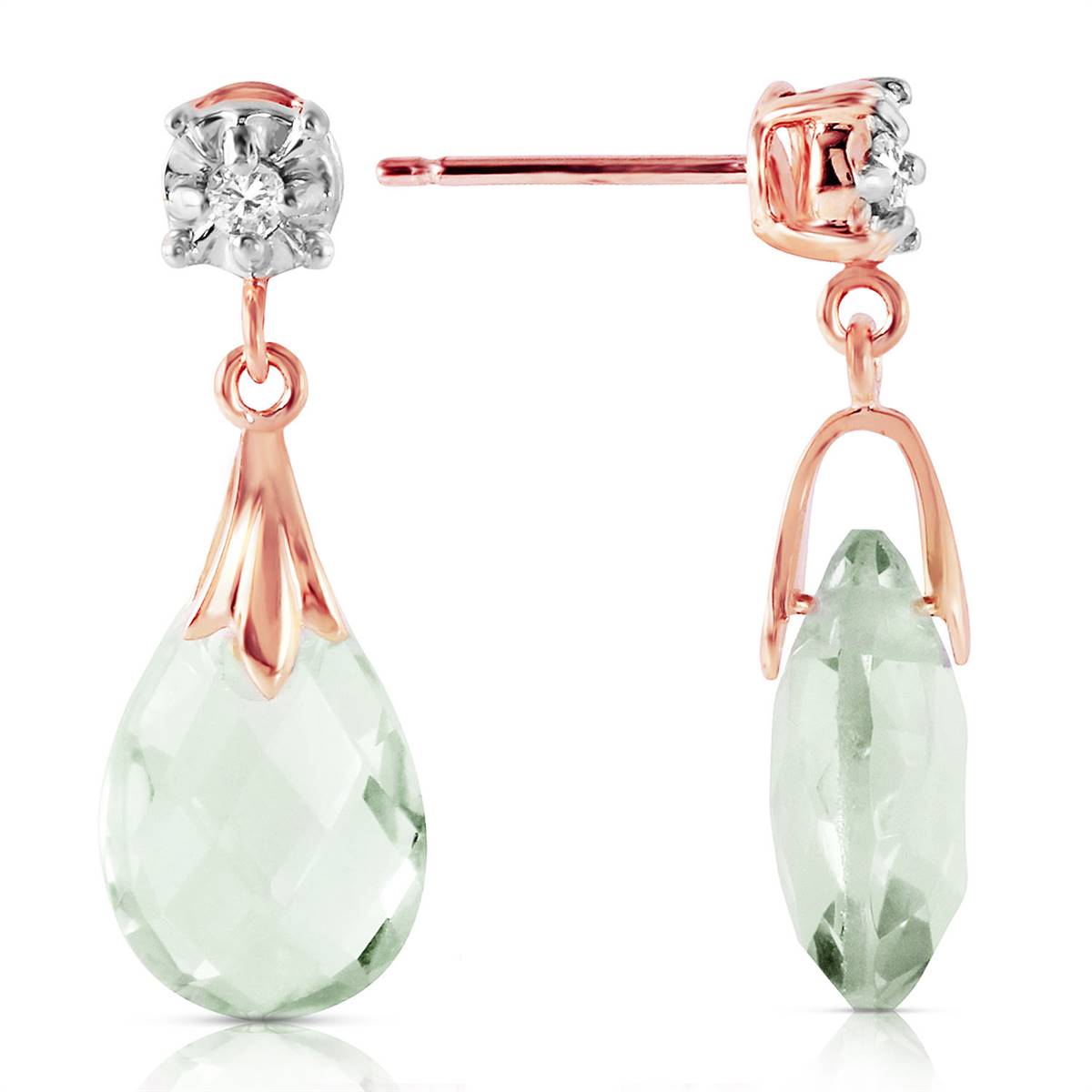 14K Solid Rose Gold Stud Earrings Diamond & Green Amethyst