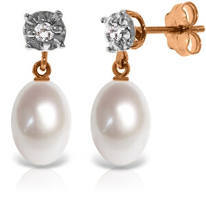 14K Solid Rose Gold Stud Earrings Diamond & Pearl Gemstone