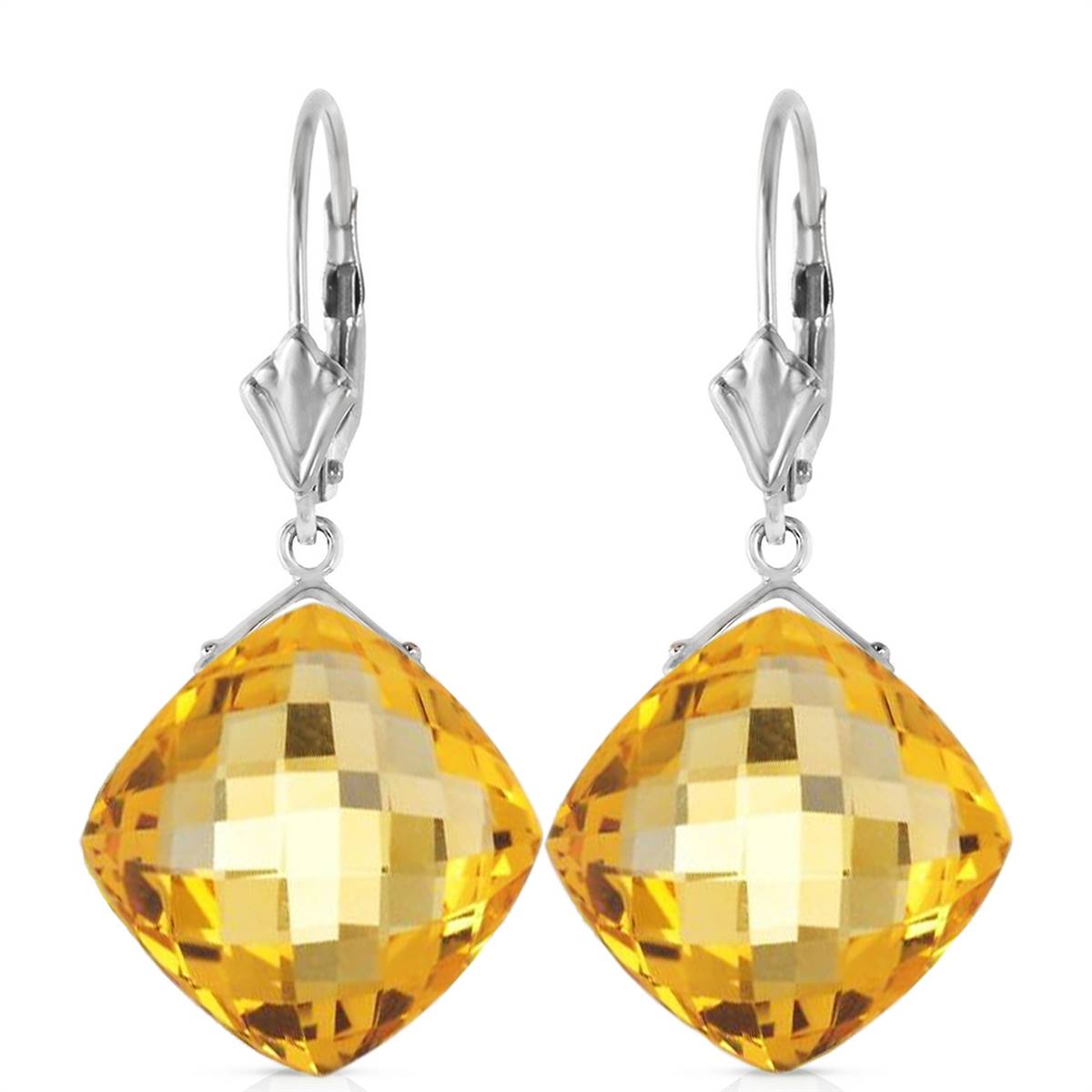 17.5 Carat 14K Solid White Gold Leverback Earrings Checkerboard Cut Citrine