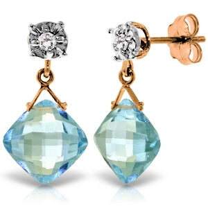 14K Solid Rose Gold Stud Earrings Diamond & Blue Topaz Certified