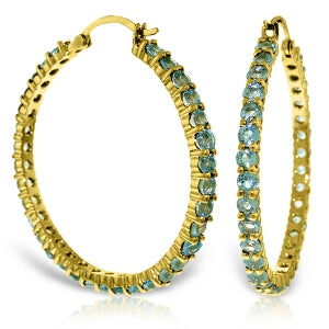 6 Carat 14K Solid Yellow Gold Hoop Earrings Blue Topaz