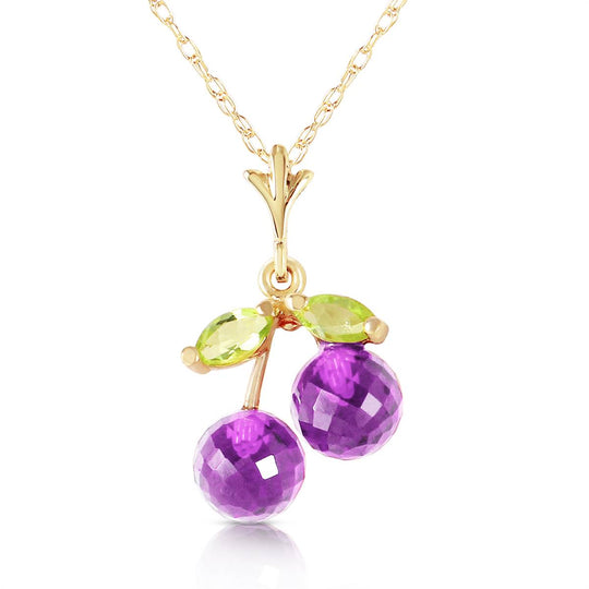 1.45 Carat 14K Solid Yellow Gold Cherry Orchard Amethyst Peridot Necklace