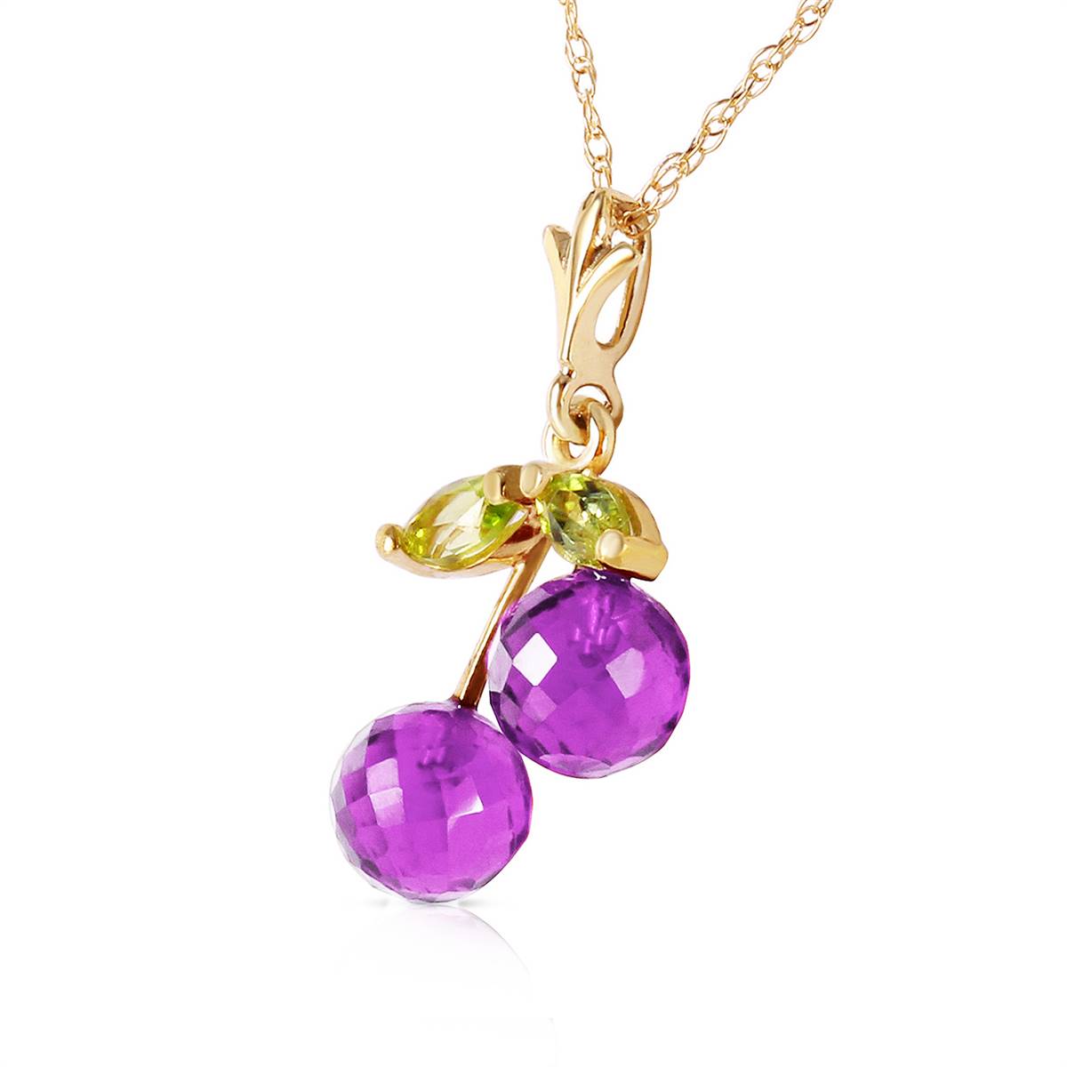 1.45 Carat 14K Solid Yellow Gold Cherry Orchard Amethyst Peridot Necklace