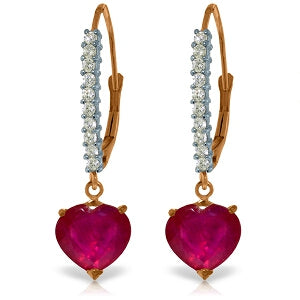 14K Solid Rose Gold Leverback Earrings Diamond & Ruby Gemstone Classic