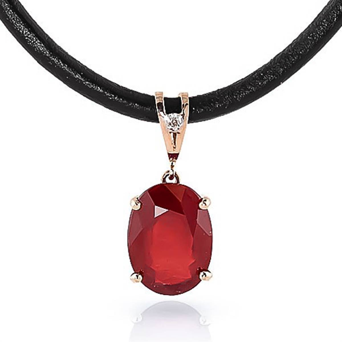 14K Solid Rose Gold & Leather Diamond/Ruby Oval Cut Necklace