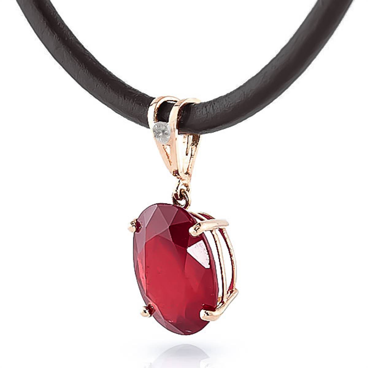 14K Solid Rose Gold & Leather Diamond/Ruby Oval Cut Necklace