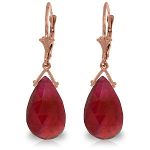 14K Solid Rose Gold Leverback Earrings Briolette Ruby Certified