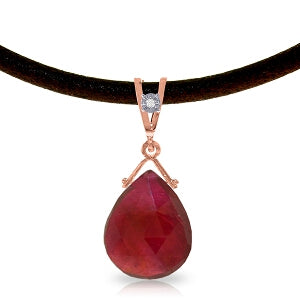 14K Solid Rose Gold & Leather Diamond & Ruby Necklace