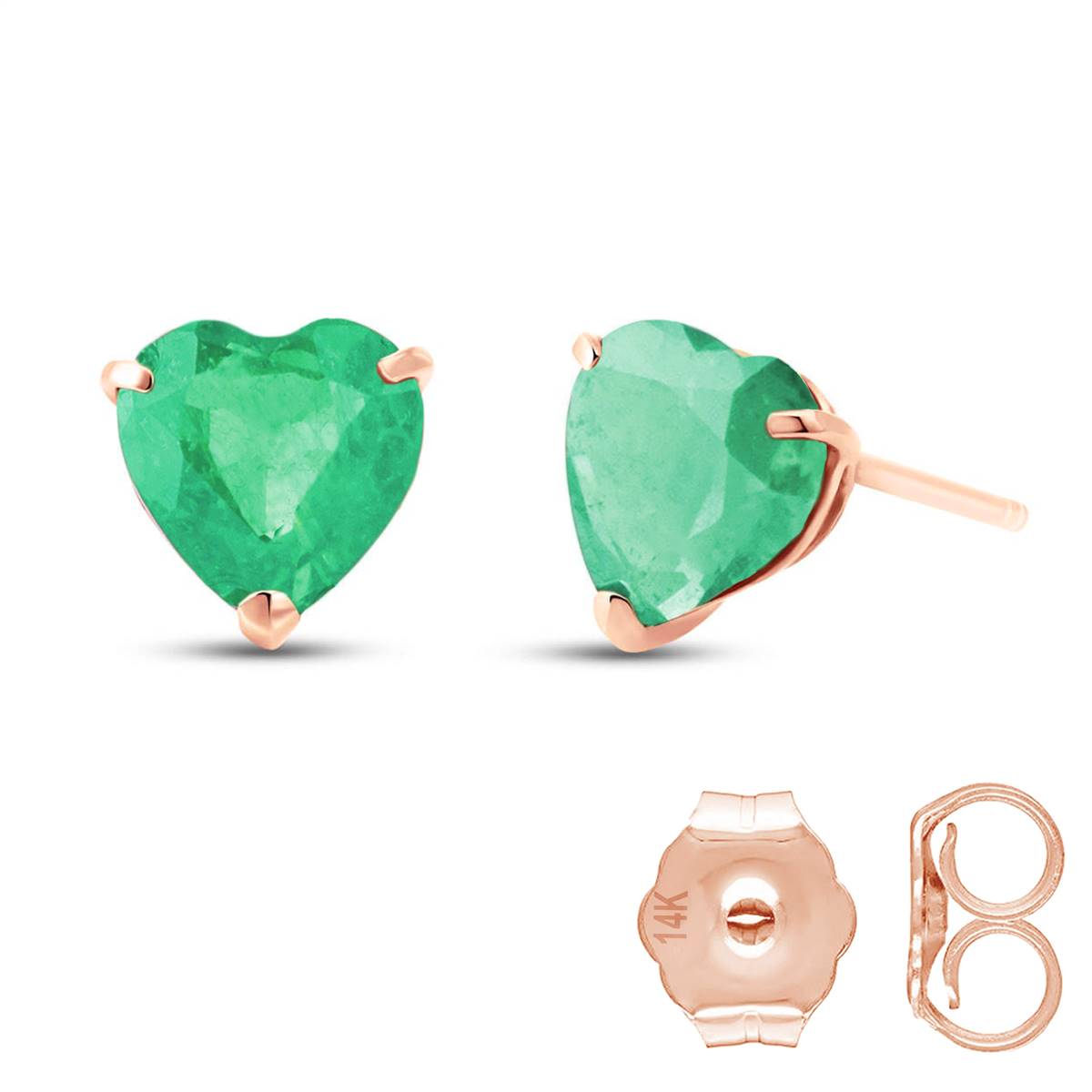 14K Solid Rose Gold Stud Earrings w/ Natural Heart Emeralds