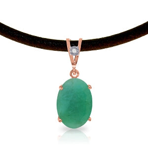 14K Solid Rose Gold & Leather Diamond/Emerald Oval Cut Necklace