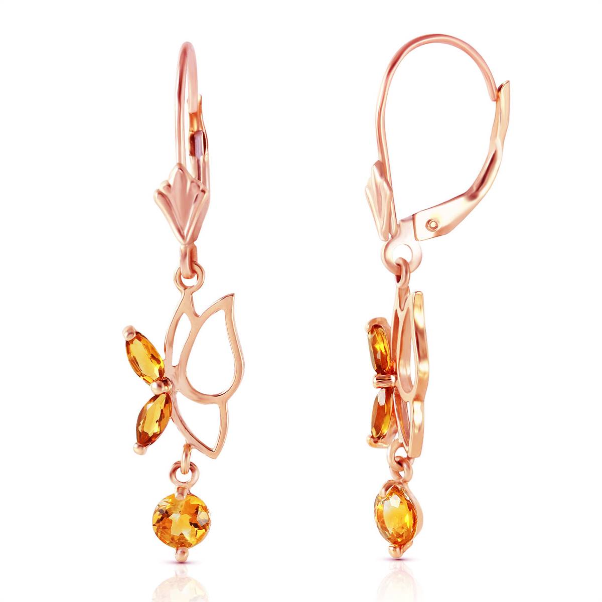 14K Solid Rose Gold Butterfly Earrings w/ Citrines