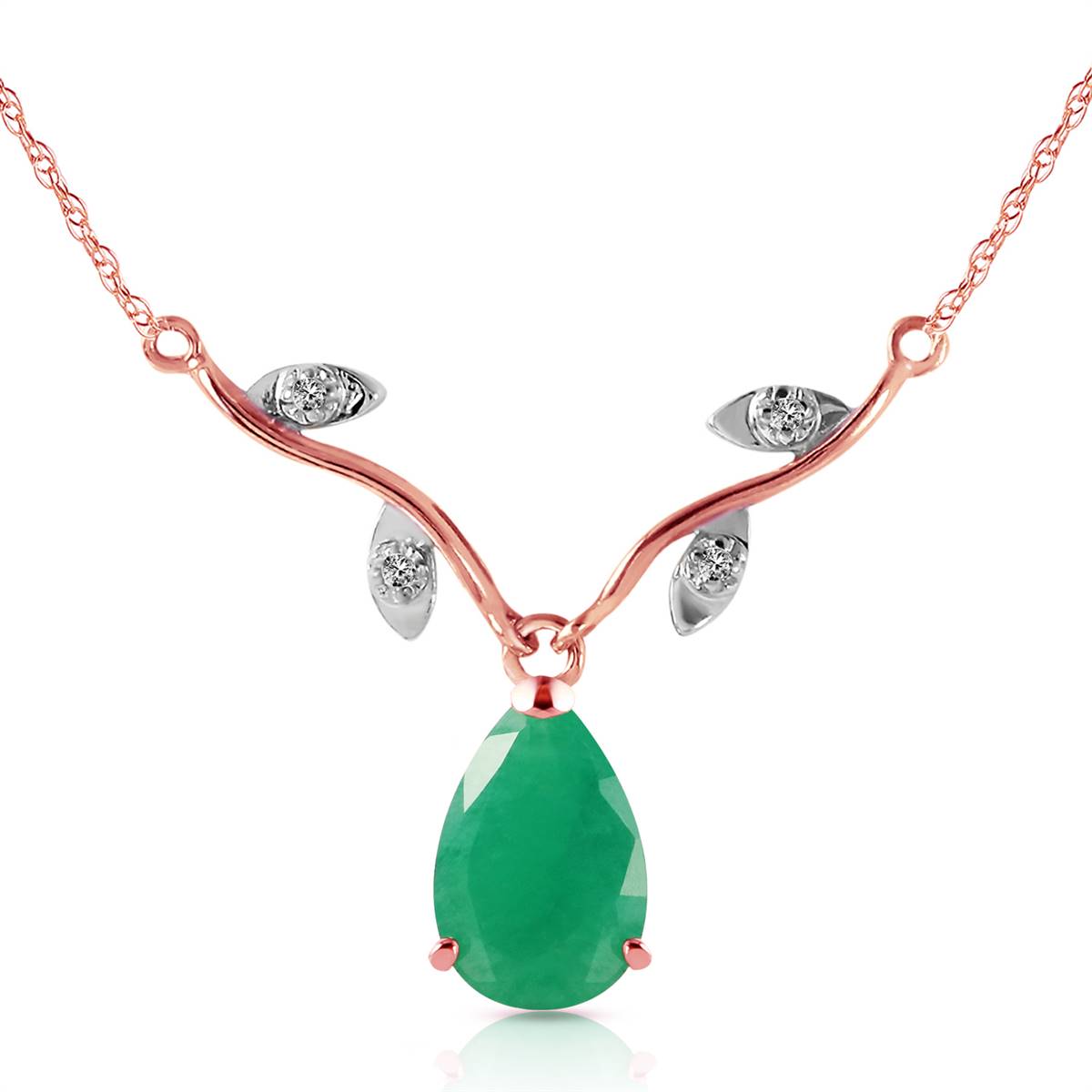 14K Solid Rose Gold Necklace w/ Natural Diamonds & Emerald