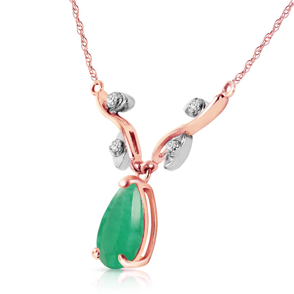 14K Solid Rose Gold Necklace w/ Natural Diamonds & Emerald