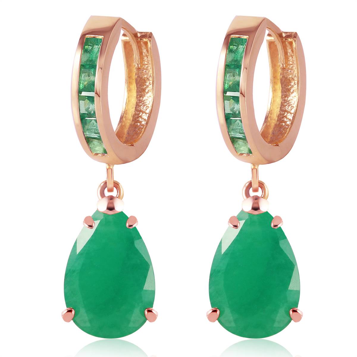 14K. ROSE GOLD HUGGIE EARRING WITH DANGLING EMERALDS